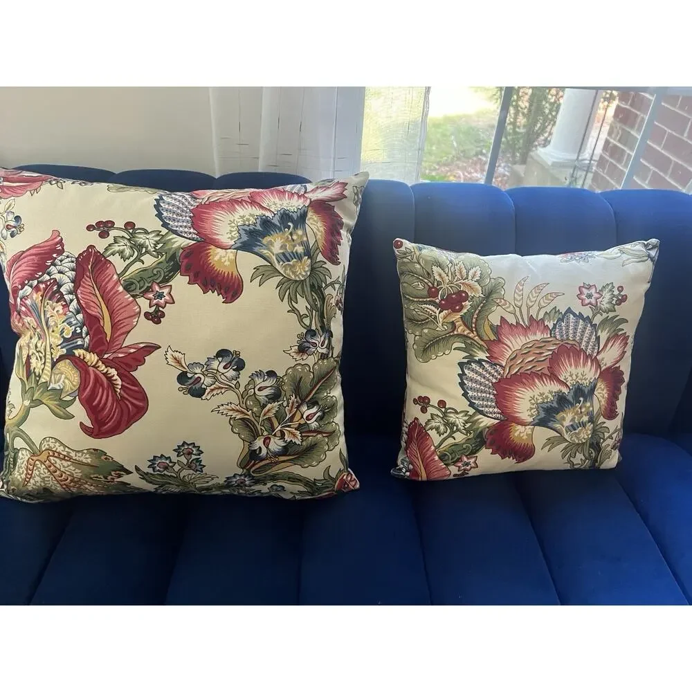 Custom Jacobean Floral Pillows Pair 18” 12” English Country Designer Fabric
